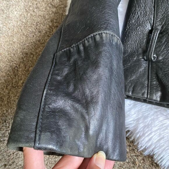 Express Genuine Leather Jacket Vintage Black Moto Y2K Womens Size Medium No Belt - Picture 9 of 11